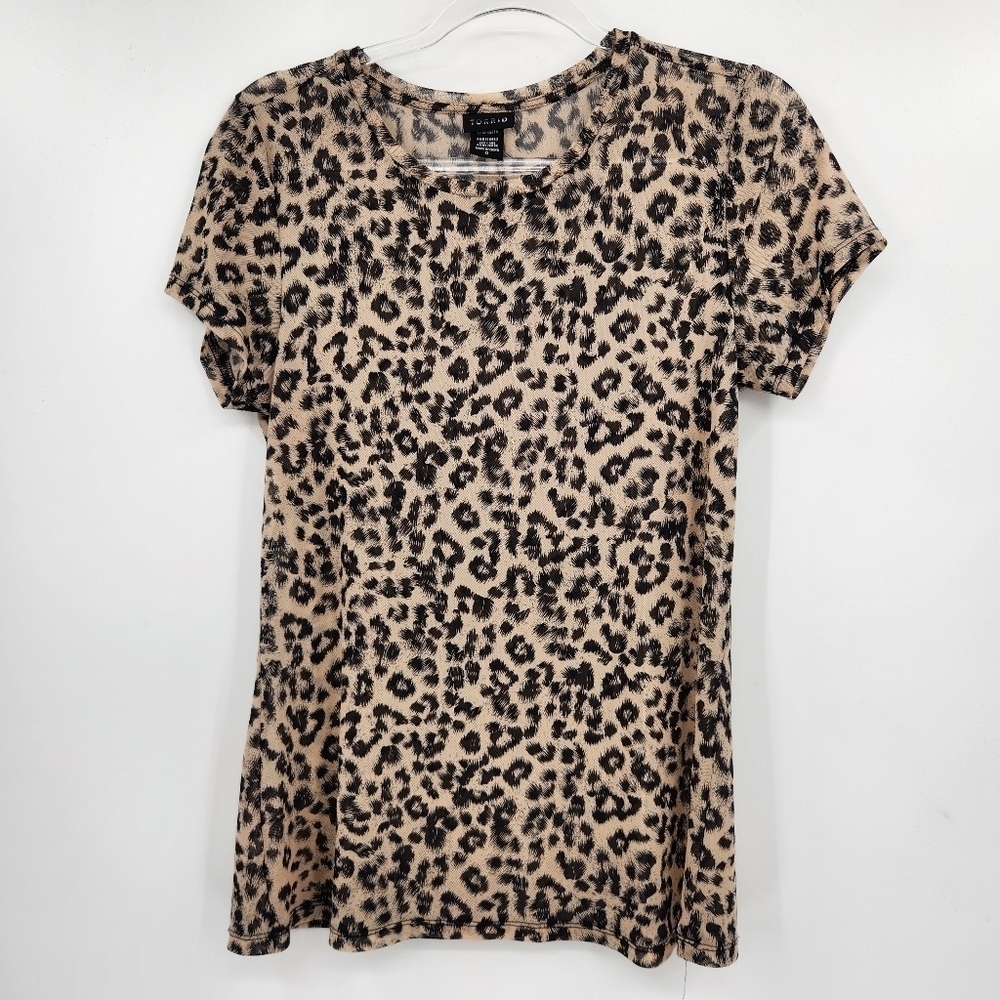 Torrid 0 Mesh Semi Sheer Top Womens Size 12 Leopard Print Tan Black Short Sleeve